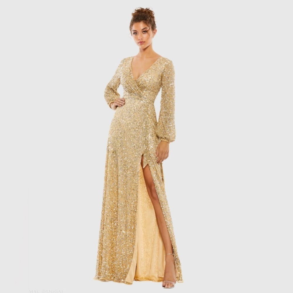 Mac Duggal 5213 NWT Gold Multi-Colored Sequin Long Sleeve Gown